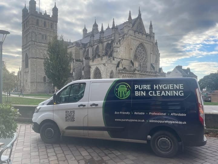 Pure Hygiene bin cleaning van in front of Exeter Cathedral